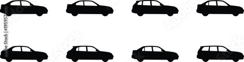 Set of eight black vector silhouettes of different passenger cars including sedans and hatchbacks isolated on white background for automotive transportation graphic design
