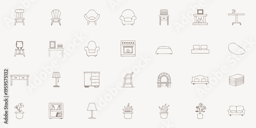 Collection of hand drawn furniture and home decor line icons