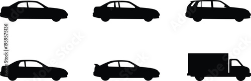 Set of six black vector silhouettes featuring passenger cars sports car and a delivery truck isolated on white background for automotive transportation design