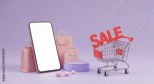 Wallpaper Mural top view of smartphone near shopping bags with sale lettering falling into toy cart on violet Torontodigital.ca