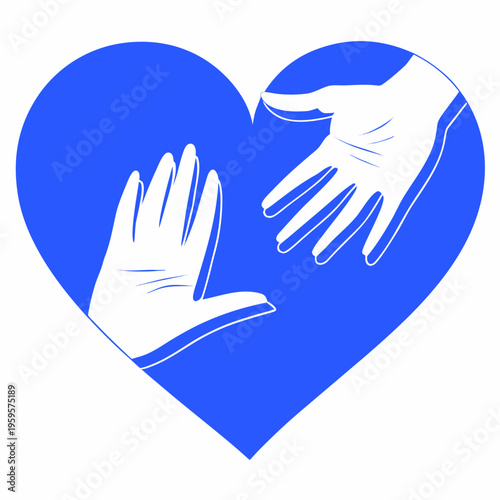 Two white hands reaching towards each other within a bright blue heart shape