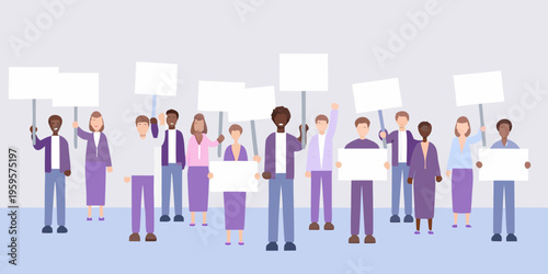 Diverse group of people holding blank signs potentially protesting