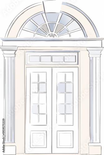 An architectural sketch of a classical doorway with a semi circular window