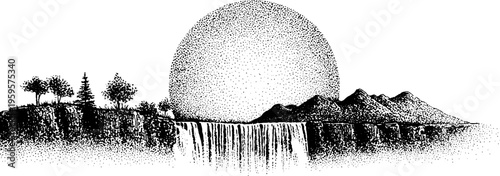 Black and white waterfall landscape with mandala circle frame - nature and serenity design