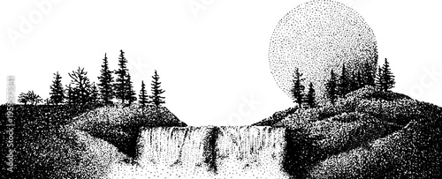 Serene waterfall landscape with mandala circle frame in black and white dotwork style