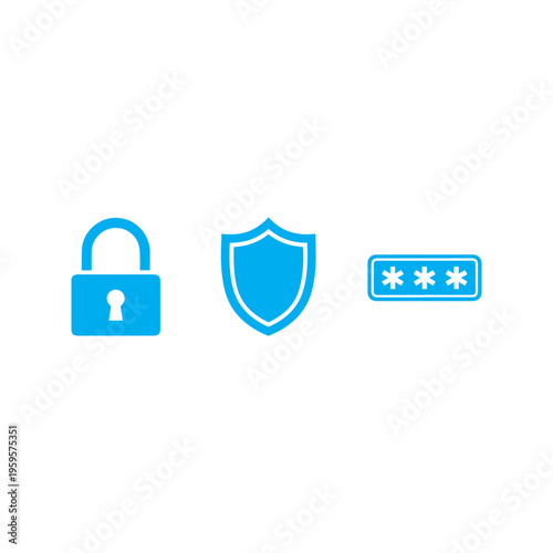 Cyan security icons for padlock, defense shield, and hidden password entry are arranged linearly against white background.