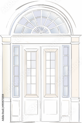 Sketch of a classic arched doorway with double doors and columns