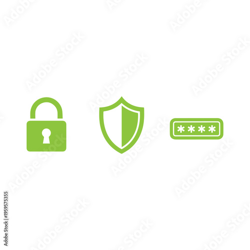 Green security icons representing password protection, digital defense, and secure access are aligned horizontally on white.