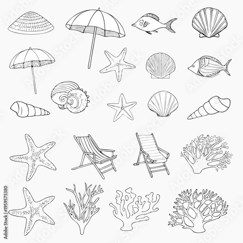 Hand drawn summer beach elements umbrellas fish shells and lounge chairs