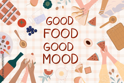 A colorful flat lay illustration promoting good food good mood with fresh fruit