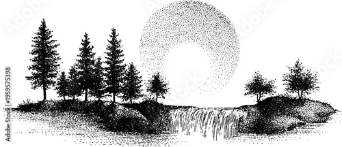 Black and white waterfall landscape with sacred geometry halo for artistic design