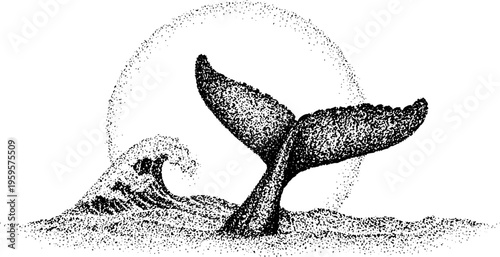 Whales tail and ocean wave in stippling art - black and white design