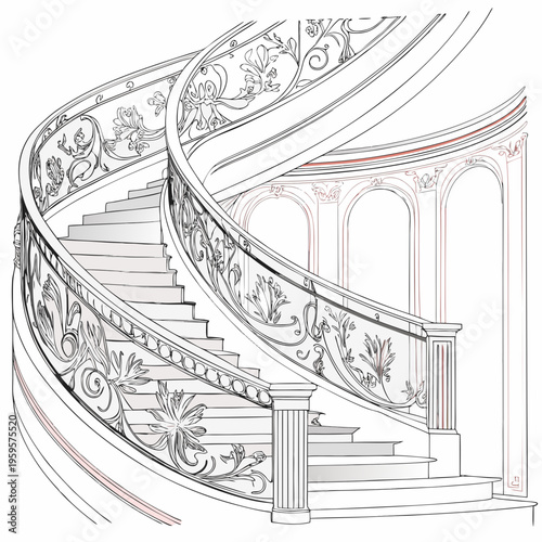 Photos Elegant spiral staircase with ornate floral details in a grand interior