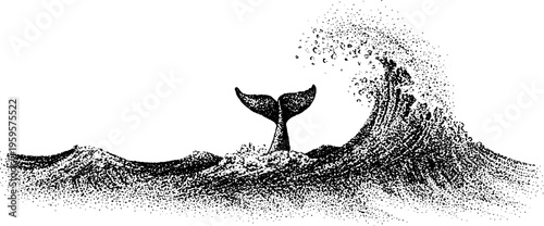 Whale tail emerging from ocean wave in black and white stippling for artistic design