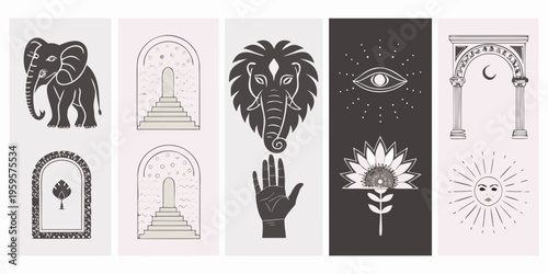 Mystical illustrations featuring elephants arches hands and celestial motifs
