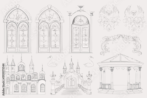 Vintage architectural elements windows spires gazebos and ornate decorations