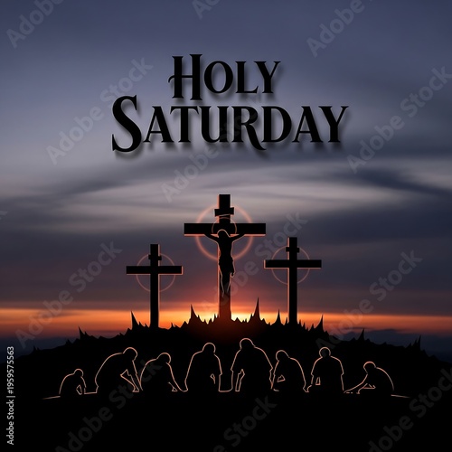 Holy saturday with three crosses and people kneeling