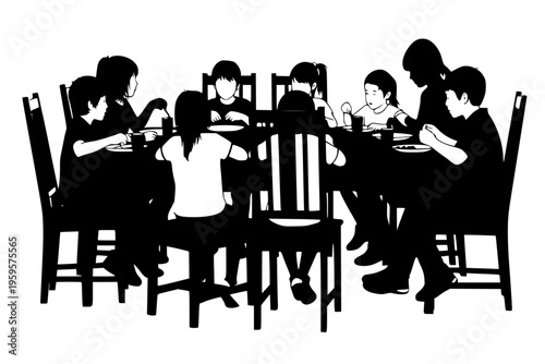 Children Sharing Meal Orphanage Group Home Togetherness Charity Support Black Vector Silhouette