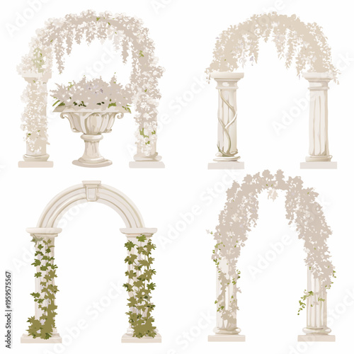 Elegant floral arches and urns create a romantic wedding aesthetic