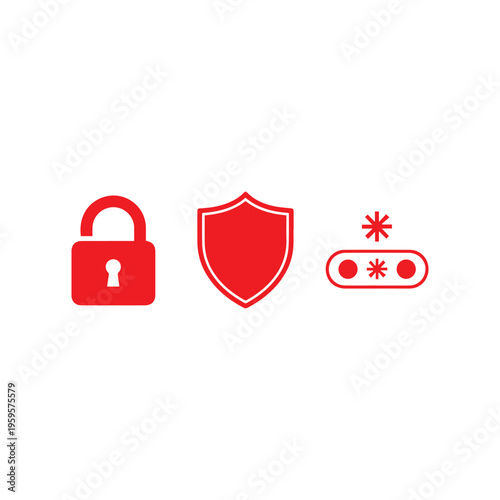 Red digital security icons illustrate a closed padlock, a protective crest, and an obscured numerical input field on white.