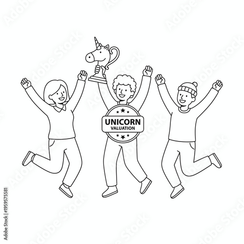 Three People Celebrating Holding Unicorn Trophy.