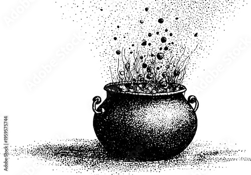 Enchanting witch cauldron with bubbling potion in vintage stippling style for halloween design