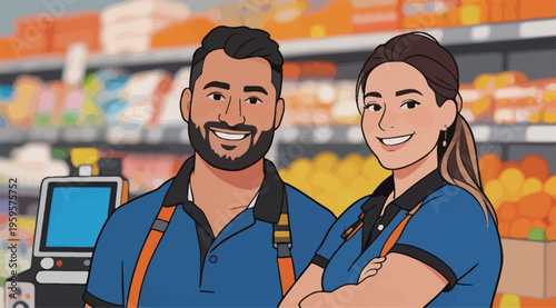 Employees smile in grocery store during busy shopping hours in late afternoon