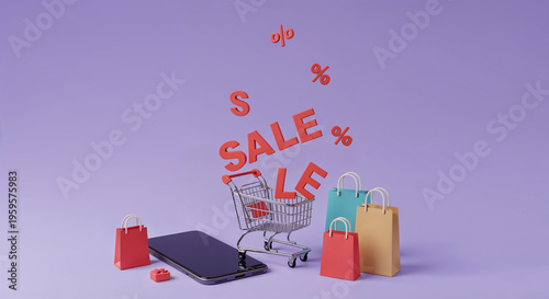 Wallpaper Mural top view of smartphone near shopping bags with sale lettering falling into toy cart on violet Torontodigital.ca