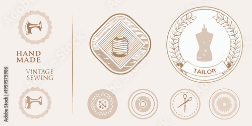 Vintage sewing emblems featuring tailoring tools and hand made text