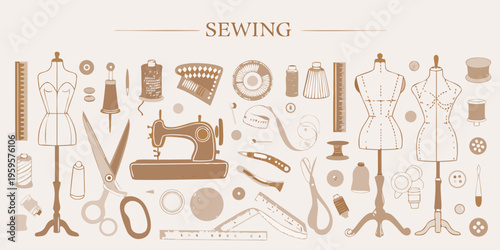 Vintage sewing collection dress forms tools and notions illustrated