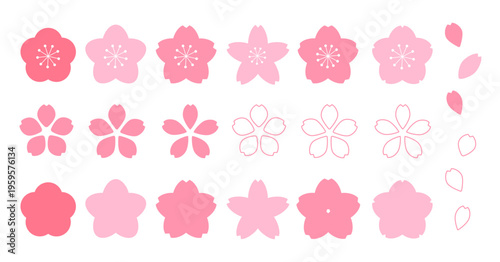 桜の花イラストセット（シルエット・線画・花びらパーツ素材）