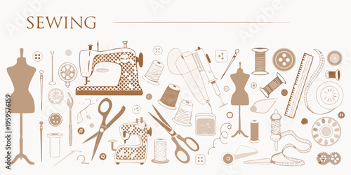 An illustrative collection of sewing tools and equipment in a neutral tone