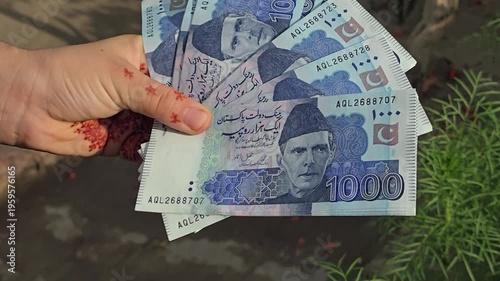 Pakistani one thousands  bank currency notes displayed in a hand featuring various denominations and designs of banknotes