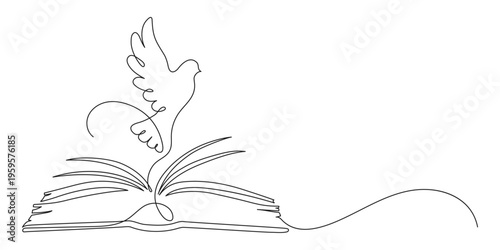 Holy Bible. Dove over open book. Continuous line drawing. Christianity religion concept. Frame border.