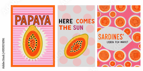 A vibrant triptych featuring papaya sunshine and sardine themed designs