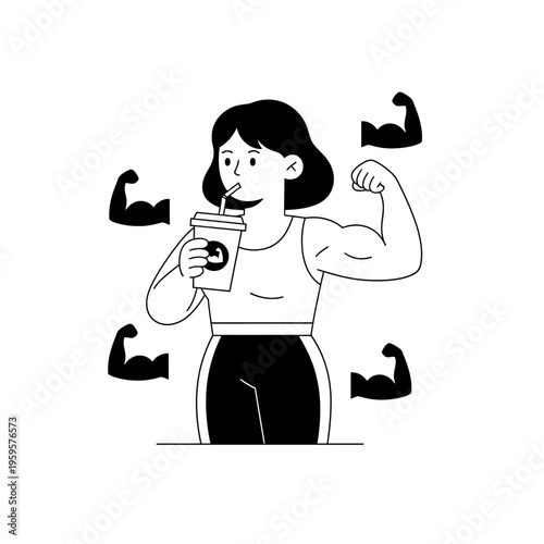Woman drinking beverage showing strong bicep muscles flexing.