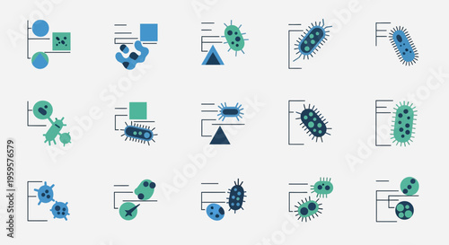 Microorganism Icons: Bacteria, Viruses, Cells, and Scientific Concepts