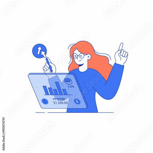 Woman Analyzing Financial Data on Futuristic Tablet Screen.