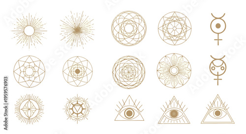 Mystical Golden Line Art Symbols Collection Sacred Geometry Sunbursts and Eye of Providence