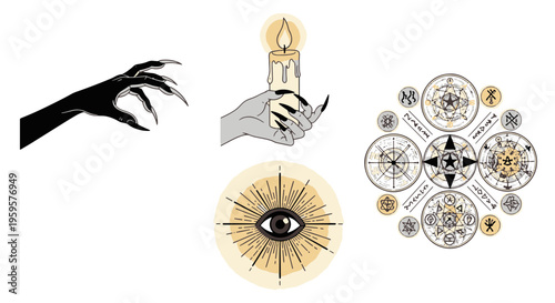 Mystical Illustrations Featuring a Dark Clawed Hand Lit Candle All Seeing Eye and Occult Symbols