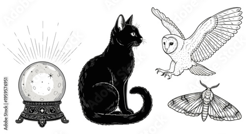 Mystical Illustration with a Crystal Ball Black Cat Barn Owl and Moth Design