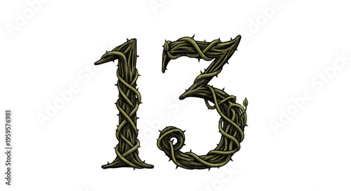 Number Thirteen Crafted from Intricate Dark Thorny Vines Against a Clean White Background Spooky Style