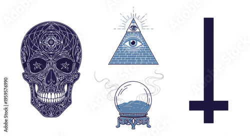Occult Symbols Collection Featuring Skull All Seeing Eye Crystal Ball and Inverted Cross Illustration