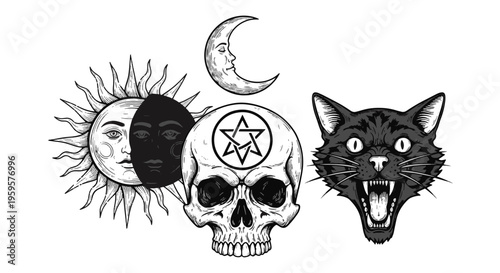 Occult Vintage Illustration Featuring Mystical Sun Moon Skull Pentagram and Snarling Black Cat Design