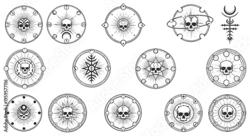 Skull Symbols Collection with Vintage Occult Esoteric and Celestial Elements