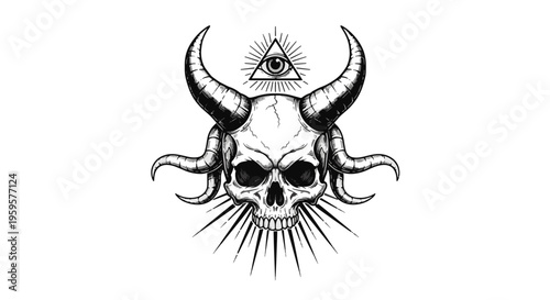 Skull with Horns and All Seeing Eye Above with Sunburst Rays Black and White Illustration