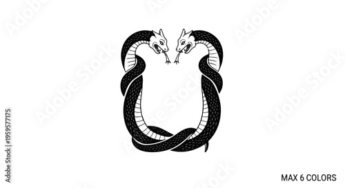 Snake Intertwined Symmetrical Graphic Illustration of Two Black Serpents Forming an Elegant Open Frame Design