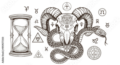 Esoteric Ram Skull with Snake Hourglass and Alchemical Zodiac Astrology Symbols