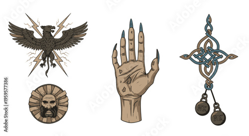 Fantasy Mythical Creature Griffin Monster Hand Celtic Knot Design and Bearded Man Emblem Collection