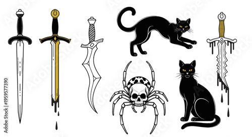 Fantasy Themed Illustration Set with Mystical Swords Black Cats and Spider Skull